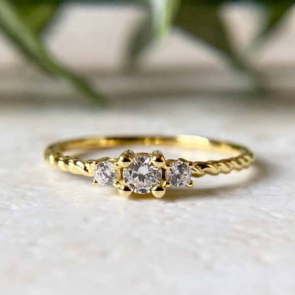 Dainty 14k Gold Plated Ring 925 Sterling Silver CZ Minimalist Statement Ring - Picture 1 of 5